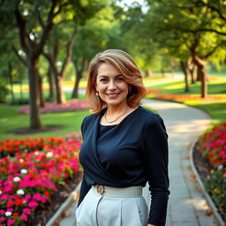 An elegant and alluring Russian woman aged 45-50, sporting a fashionable and modern hairstyle that highlights her grace