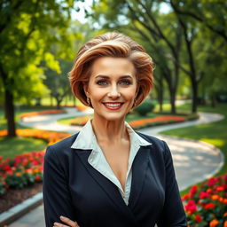 An elegant and alluring Russian woman aged 45-50, sporting a fashionable and modern hairstyle that highlights her grace