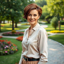 An elegant and alluring Russian woman aged 45-50, sporting a fashionable and modern hairstyle that highlights her grace