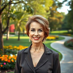 An elegant and alluring Russian woman aged 45-50, sporting a fashionable and modern hairstyle that highlights her grace