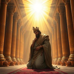 A majestic and powerful depiction of Cyrus the Great, the Persian king, in a grand ancient Persian setting