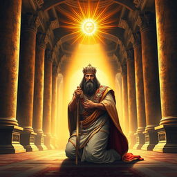 A majestic and powerful depiction of Cyrus the Great, the Persian king, in a grand ancient Persian setting