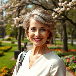 An enticing and elegant Russian woman aged 45-50 with a fashionable hairstyle that exudes sophistication
