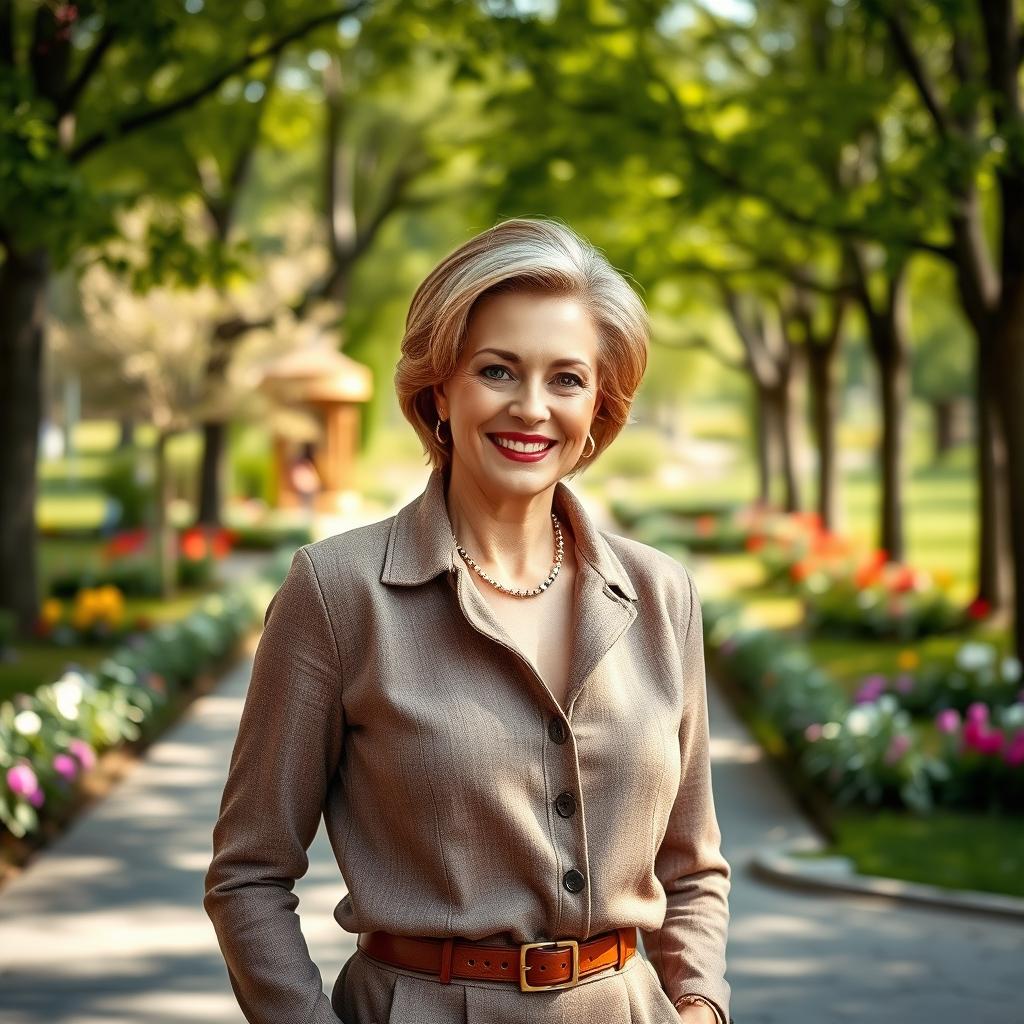 An enticing and elegant Russian woman aged 45-50 with a fashionable hairstyle that exudes sophistication