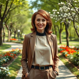 An enticing and elegant Russian woman aged 45-50 with a fashionable hairstyle that exudes sophistication