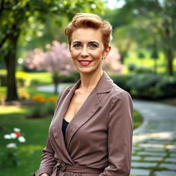 A captivating and elegant Russian woman aged 45-50, showcasing a trendy and fashionable hairstyle that highlights her sophistication