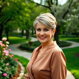 A captivating and elegant Russian woman aged 45-50, showcasing a trendy and fashionable hairstyle that highlights her sophistication