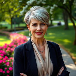 A captivating and elegant Russian woman aged 45-50, showcasing a trendy and fashionable hairstyle that highlights her sophistication