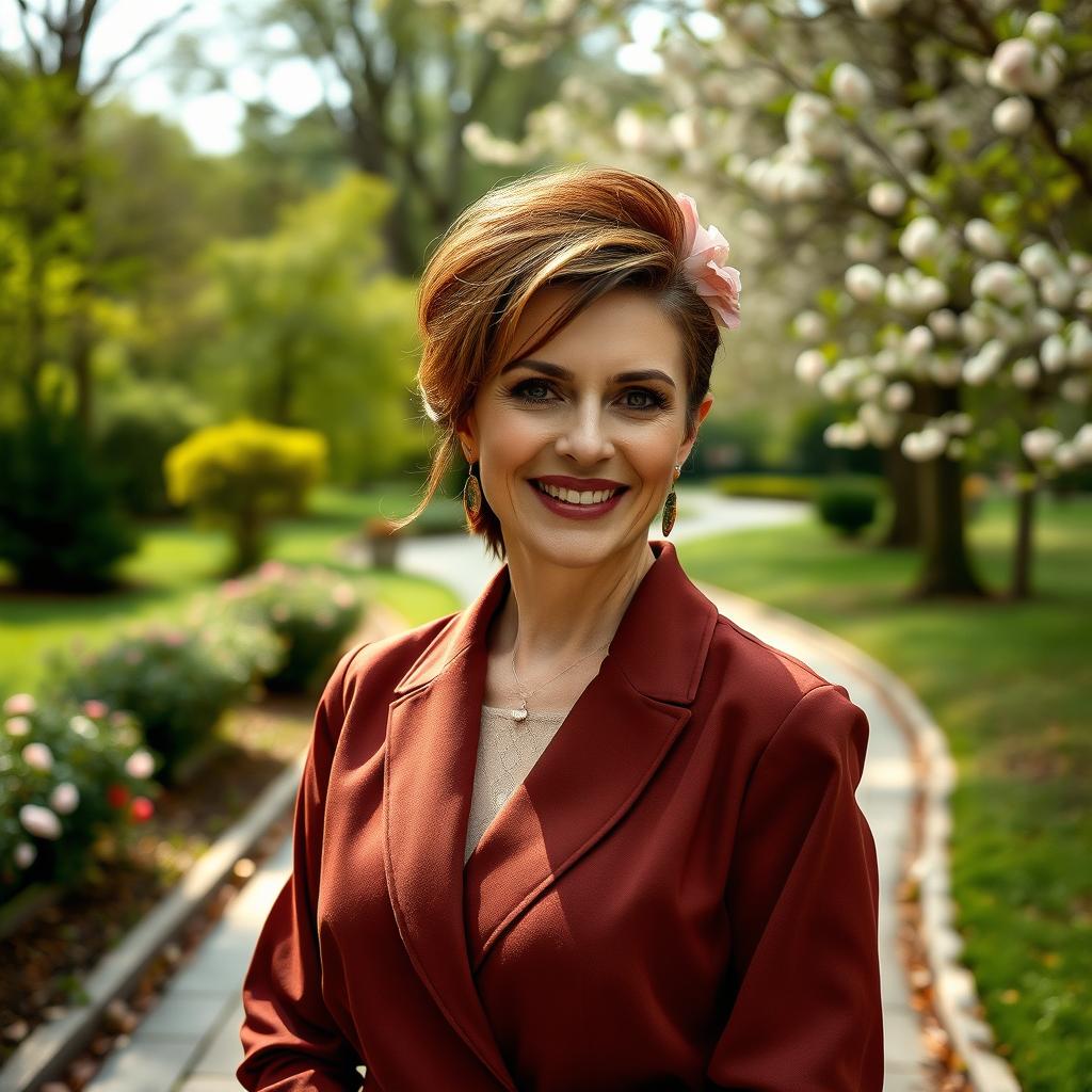 A captivating and elegant Russian woman aged 45-50, showcasing a trendy and fashionable hairstyle that highlights her sophistication