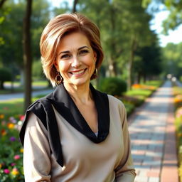 A stylish and graceful Russian woman aged 45-50, featuring a modern and chic hairstyle that enhances her allure