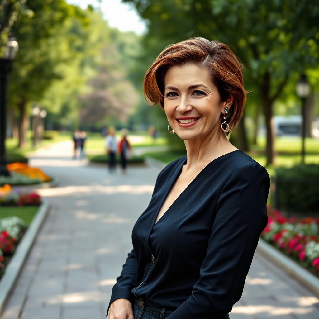 A stylish and graceful Russian woman aged 45-50, featuring a modern and chic hairstyle that enhances her allure