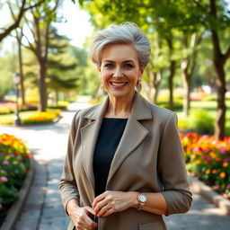A stylish and graceful Russian woman aged 45-50, featuring a modern and chic hairstyle that enhances her allure