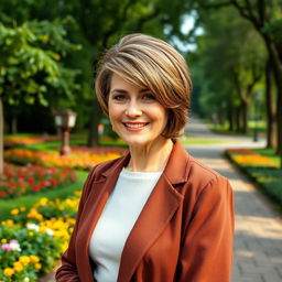 A stylish and graceful Russian woman aged 45-50, featuring a modern and chic hairstyle that enhances her allure
