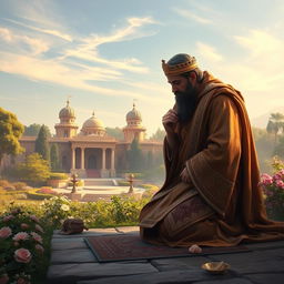 A majestic and respectful depiction of Cyrus the Great (کوروش کبیر) kneeling in prayer, with his forehead touching the ground in deep humility as he worships God