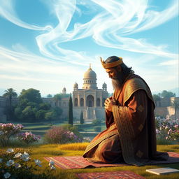 A majestic and respectful depiction of Cyrus the Great (کوروش کبیر) kneeling in prayer, with his forehead touching the ground in deep humility as he worships God