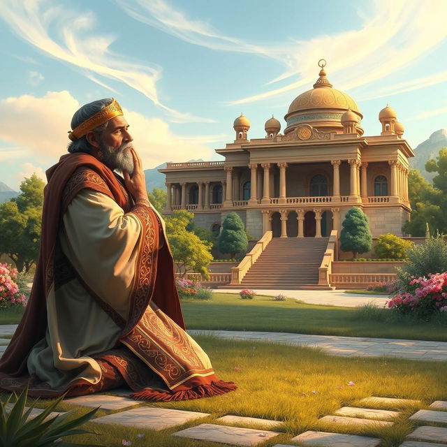 A majestic and respectful depiction of Cyrus the Great (کوروش کبیر) kneeling in prayer, with his forehead touching the ground in deep humility as he worships God