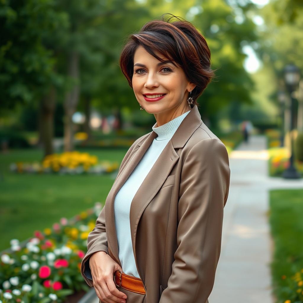 A stylish and alluring Russian woman aged 45-50 with a modern, chic hairstyle that adds to her elegance