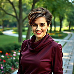 A stylish and alluring Russian woman aged 45-50 with a modern, chic hairstyle that adds to her elegance