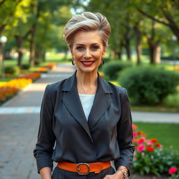 A stylish and alluring Russian woman aged 45-50 with a modern, chic hairstyle that adds to her elegance