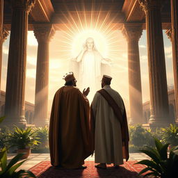 A majestic depiction of Cyrus the Great and Reza Shah in a serene atmosphere, engaged in a respectful act of worship before a radiant and magnificent depiction of a divine presence