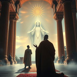 A majestic depiction of Cyrus the Great and Reza Shah in a serene atmosphere, engaged in a respectful act of worship before a radiant and magnificent depiction of a divine presence