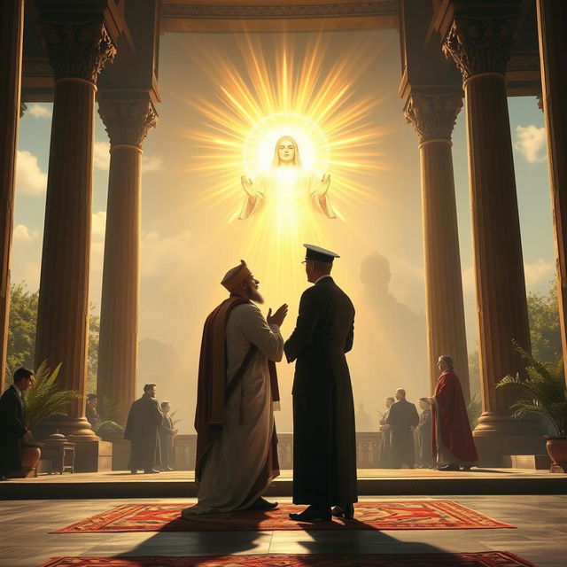 A majestic depiction of Cyrus the Great and Reza Shah in a serene atmosphere, engaged in a respectful act of worship before a radiant and magnificent depiction of a divine presence