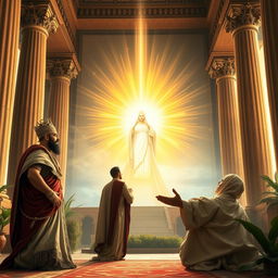 A majestic depiction of Cyrus the Great and Reza Shah in a serene atmosphere, engaged in a respectful act of worship before a radiant and magnificent depiction of a divine presence
