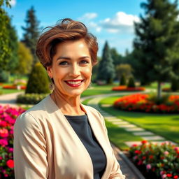 A striking and charismatic Russian woman aged 45-50 with a fashionable and modern hairstyle, exuding confidence and charm