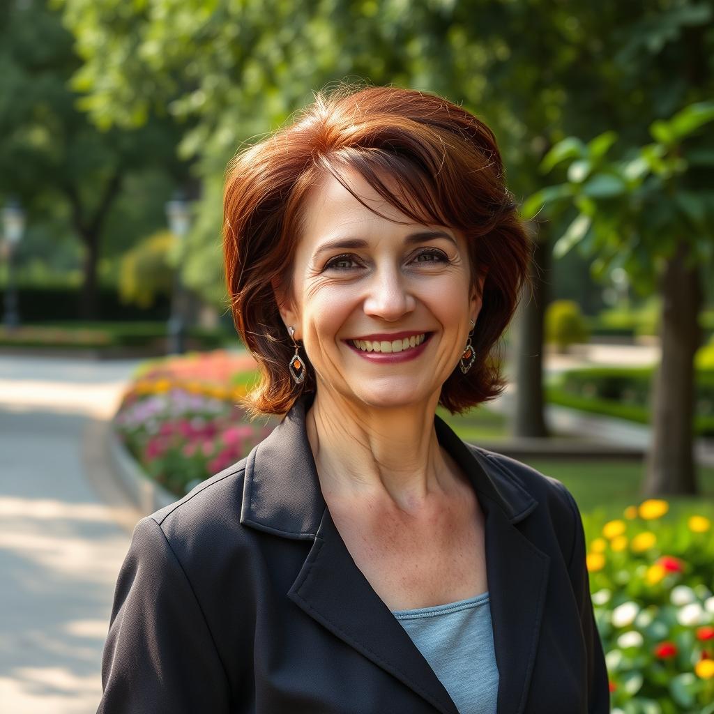 A striking and charismatic Russian woman aged 45-50 with a fashionable and modern hairstyle, exuding confidence and charm