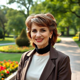 A striking and charismatic Russian woman aged 45-50 with a fashionable and modern hairstyle, exuding confidence and charm