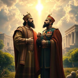 A majestic and ethereal scene depicting Cyrus the Great and Reza Shah standing together in a serene landscape, both engaged in a deep, heartfelt prayer or worship, symbolizing their respect and devotion to God