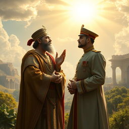 A majestic and ethereal scene depicting Cyrus the Great and Reza Shah standing together in a serene landscape, both engaged in a deep, heartfelt prayer or worship, symbolizing their respect and devotion to God
