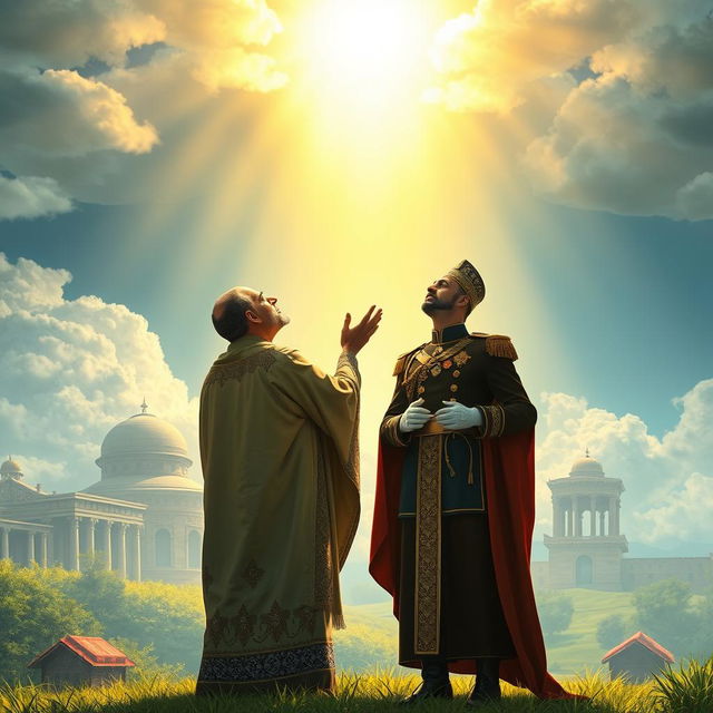 A majestic and ethereal scene depicting Cyrus the Great and Reza Shah standing together in a serene landscape, both engaged in a deep, heartfelt prayer or worship, symbolizing their respect and devotion to God