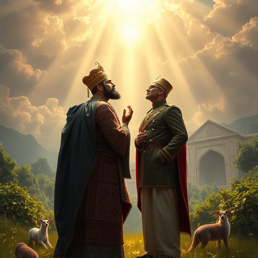 A majestic and ethereal scene depicting Cyrus the Great and Reza Shah standing together in a serene landscape, both engaged in a deep, heartfelt prayer or worship, symbolizing their respect and devotion to God