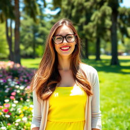 A stylish woman with long flowing brown hair, wearing a fashionable bright summer dress and a light cardigan