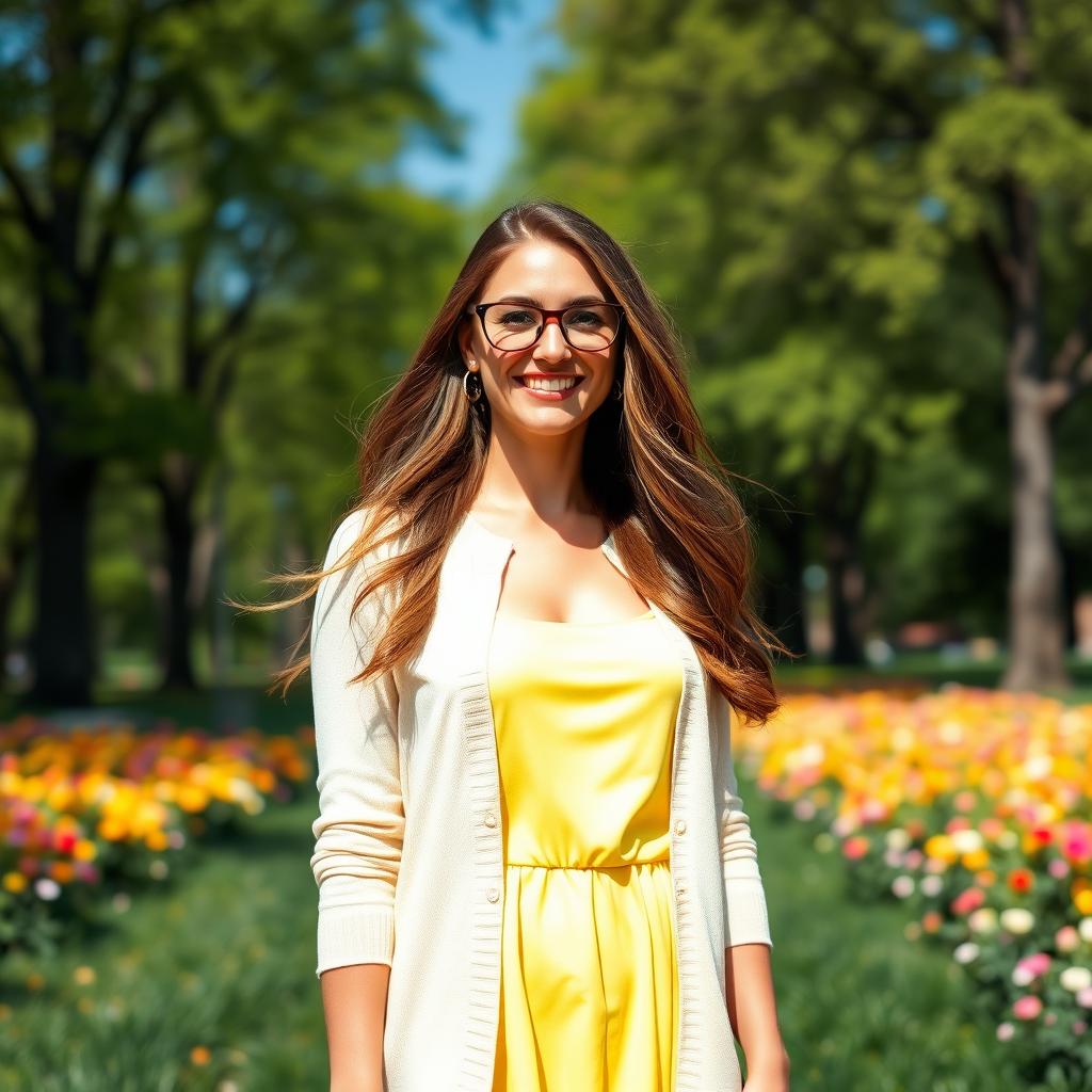 A stylish woman with long flowing brown hair, wearing a fashionable bright summer dress and a light cardigan