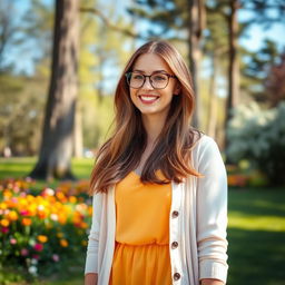 A stylish woman with long flowing brown hair, wearing a fashionable bright summer dress and a light cardigan