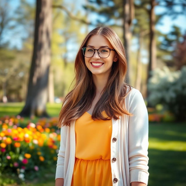 A stylish woman with long flowing brown hair, wearing a fashionable bright summer dress and a light cardigan