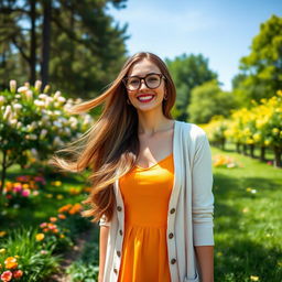 A stylish woman with long flowing brown hair, wearing a fashionable bright summer dress and a light cardigan