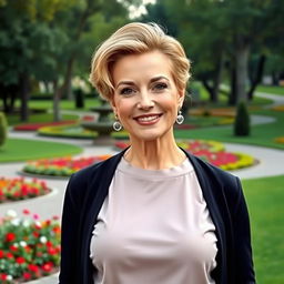 An elegant and stylish Russian woman aged 45-50, showcasing a fashionable and contemporary hairstyle that complements her refined features