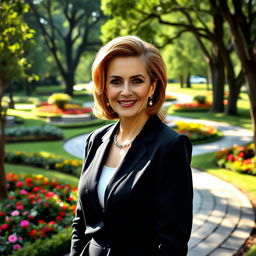 An elegant and stylish Russian woman aged 45-50, showcasing a fashionable and contemporary hairstyle that complements her refined features