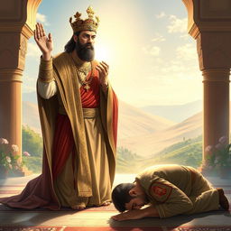 A powerful and respectful depiction of Cyrus the Great and Reza Shah, portrayed in a serene, spiritual setting during prayer