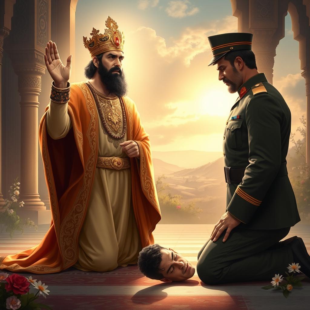 A powerful and respectful depiction of Cyrus the Great and Reza Shah, portrayed in a serene, spiritual setting during prayer