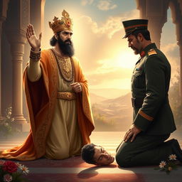 A powerful and respectful depiction of Cyrus the Great and Reza Shah, portrayed in a serene, spiritual setting during prayer