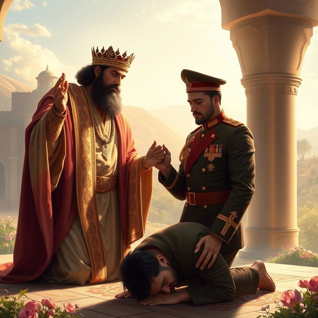 A powerful and respectful depiction of Cyrus the Great and Reza Shah, portrayed in a serene, spiritual setting during prayer