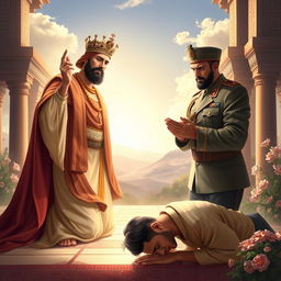 A powerful and respectful depiction of Cyrus the Great and Reza Shah, portrayed in a serene, spiritual setting during prayer