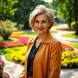 A captivating Russian woman aged 45-50, featuring a fashionable and elegant hairstyle that enhances her graceful appearance