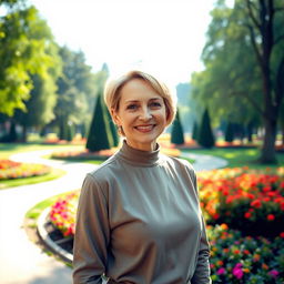 A captivating Russian woman aged 45-50, featuring a fashionable and elegant hairstyle that enhances her graceful appearance