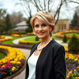 A captivating Russian woman aged 45-50, featuring a fashionable and elegant hairstyle that enhances her graceful appearance