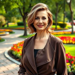 A captivating Russian woman aged 45-50, featuring a fashionable and elegant hairstyle that enhances her graceful appearance